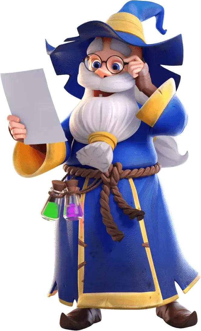 Cartoon wizard character reading a paper with colorful potions hanging from his belt, vibrant blue and yellow outfit – Mega888 Singapore slot game theme.